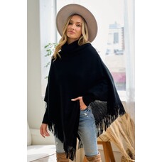 Fashion Go Cozy Sweater Cowl Neck Poncho With Fringe Trim Black