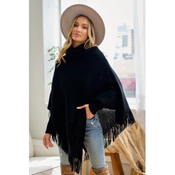 Cozy Sweater Cowl Neck Poncho With Fringe Trim Black