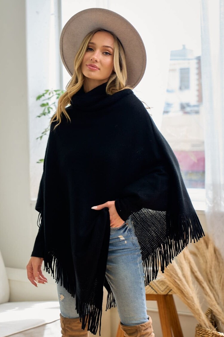 Cozy Sweater Cowl Neck Poncho With Fringe Trim Black