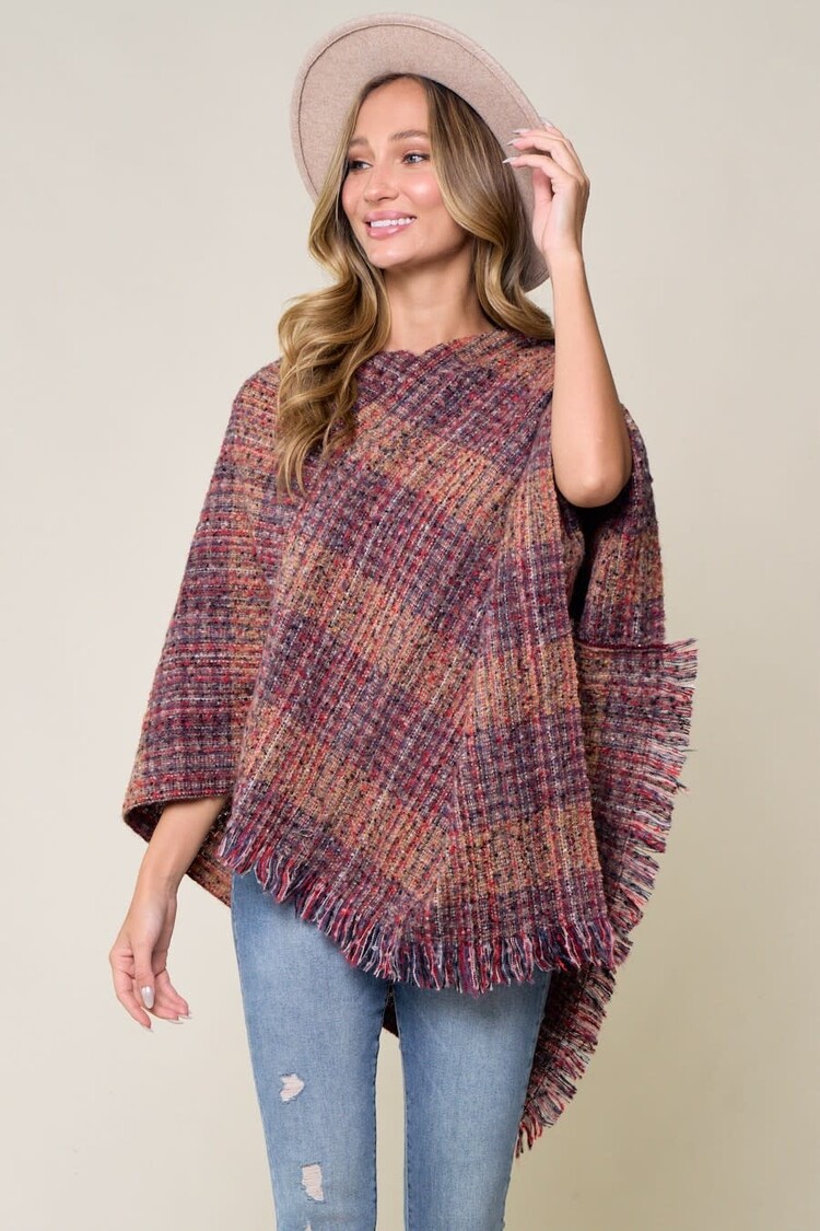 Cozy Multi Color Plaid Poncho Pink