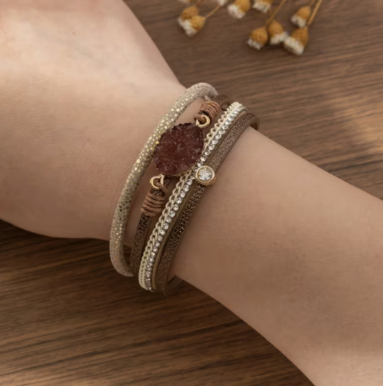 Multi layered PU Leather Stone  Bracelet Coffee