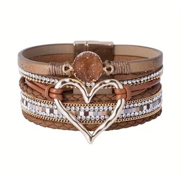 Multi layered PU Leather Bracelet- Heart - Coffee