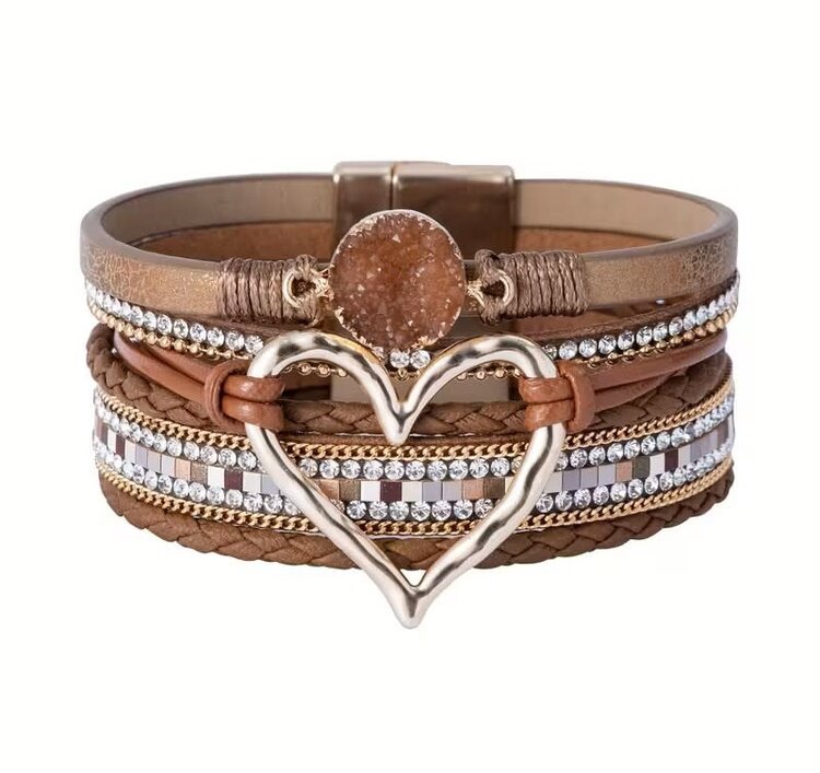 Multi layered PU Leather Bracelet- Heart - Coffee