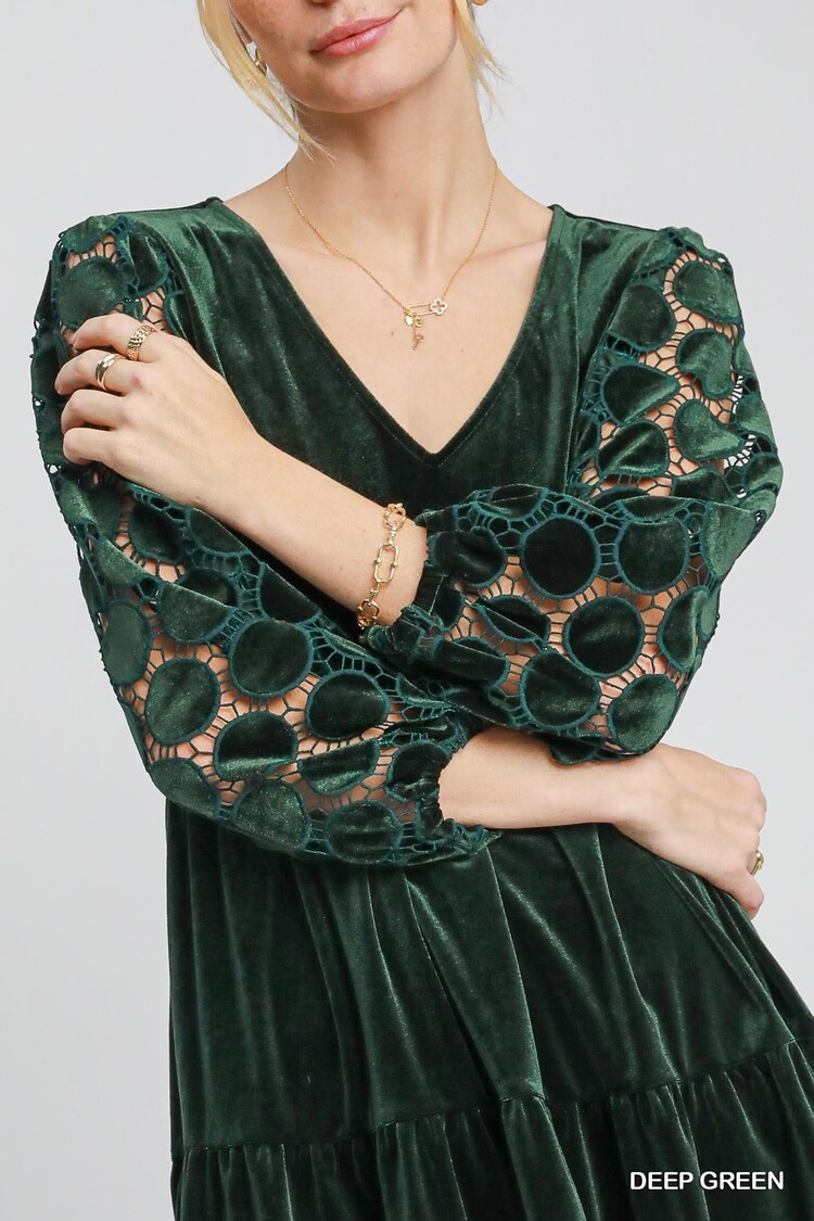 Umgee Tiered Velvet Mini Dress Deep Green S