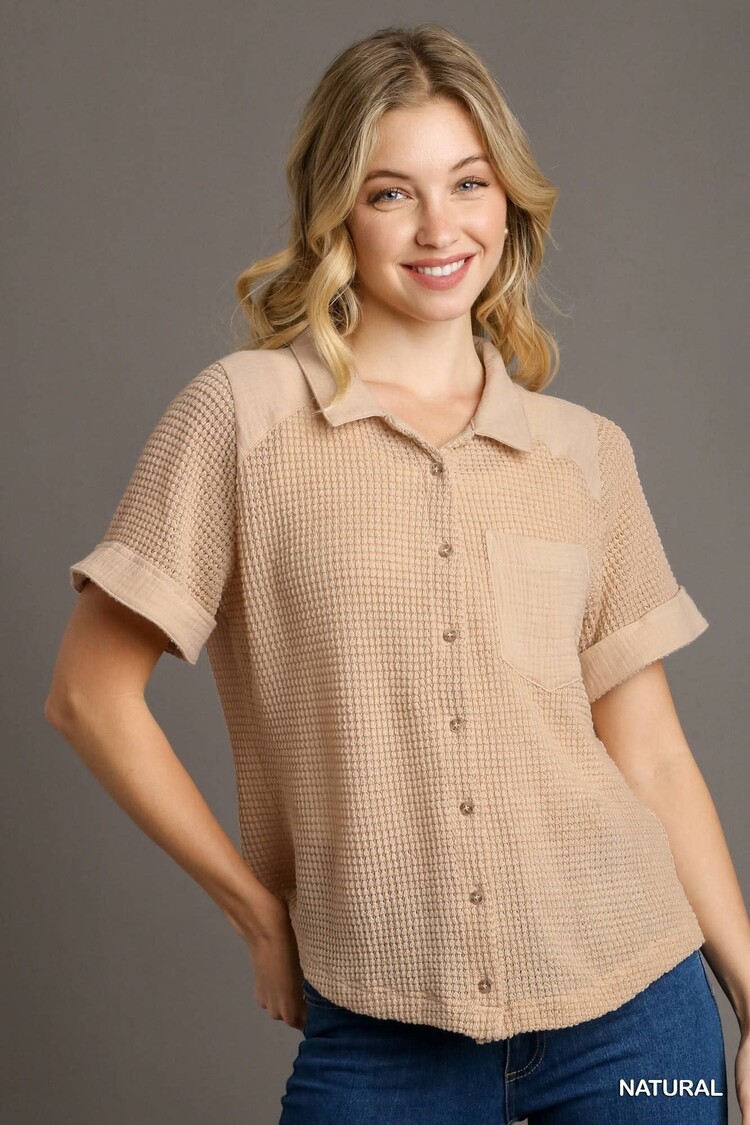 Umgee Waffle Knit Button Down Shirt