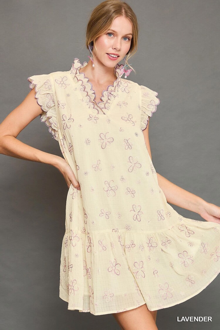 Umgee Embroidered Mini Dress with Scalloped Sleeves and Neckline