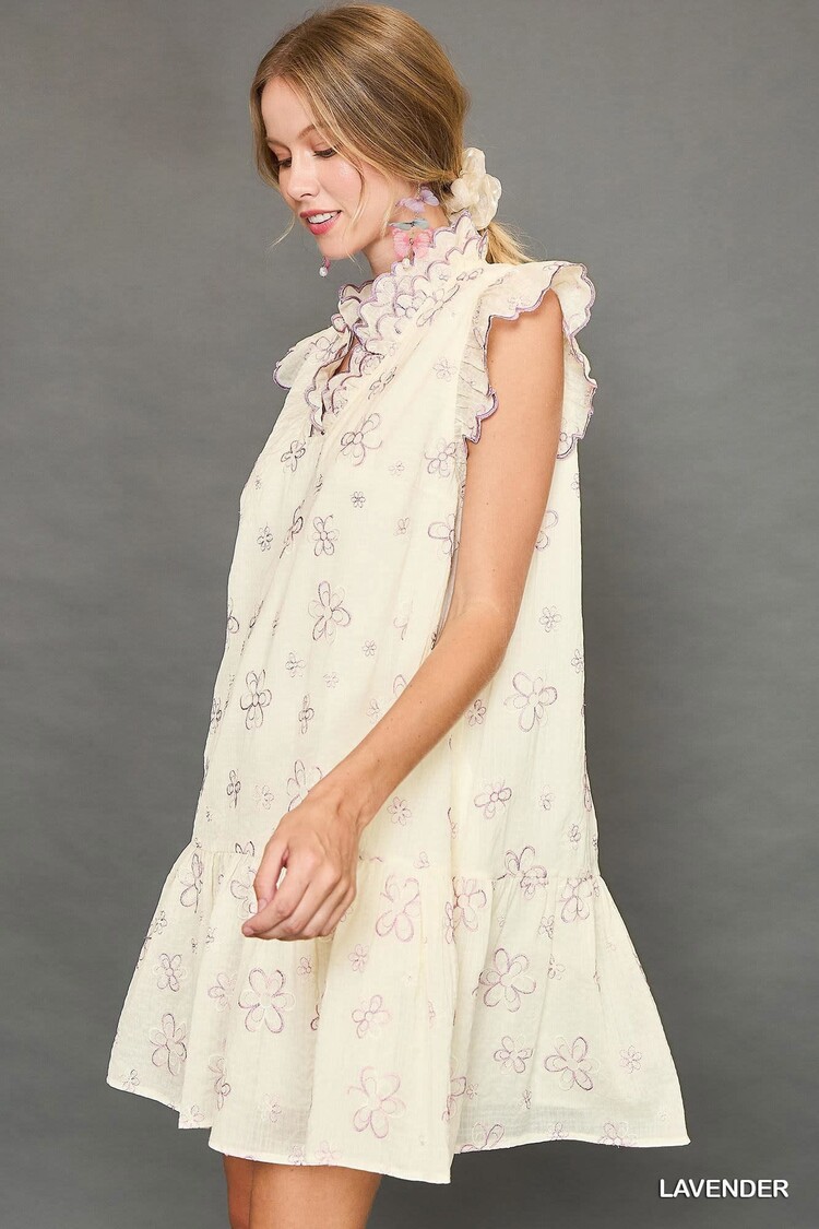 Umgee Embroidered Mini Dress with Scalloped Sleeves and Neckline