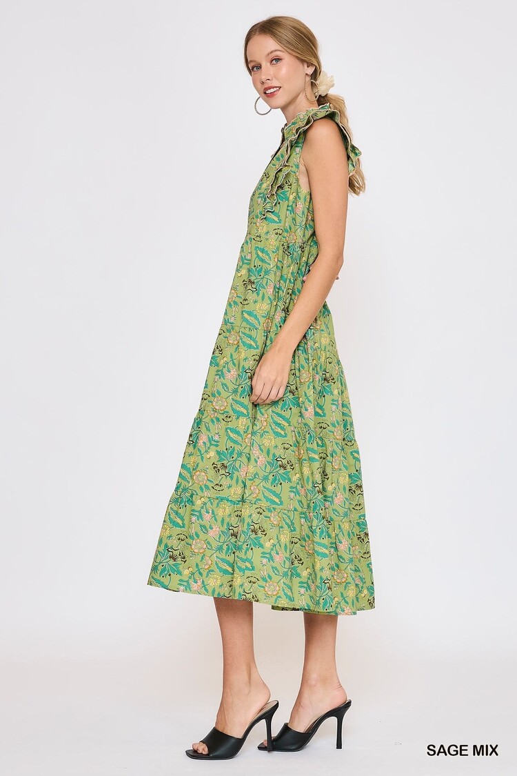 Umgee Floral Garden Print Tiered Midi Dress