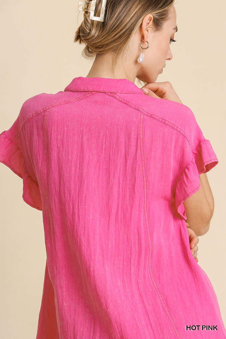 Umgee Snow Washed Button Down Ruffle Short Sleeve Dress with No Lining