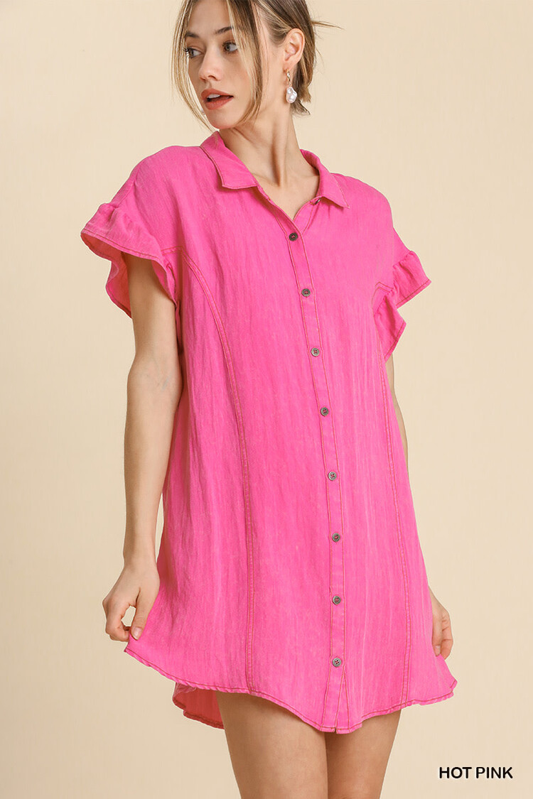 Umgee Snow Washed Button Down Ruffle Short Sleeve Dress with No Lining