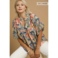 Umgee Floral Puff Sleeve Peasant Blouse Navy Mix 2XL