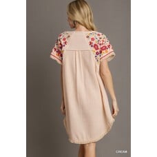Umgee Cotton Gauze High Low Frayed Hem Round Neck Dress with Embroidery Sleeves Cream S