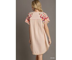 Umgee Cotton Gauze High Low Frayed Hem Round Neck Dress with Embroidery  Sleeves Cream S - Sassy Lassie