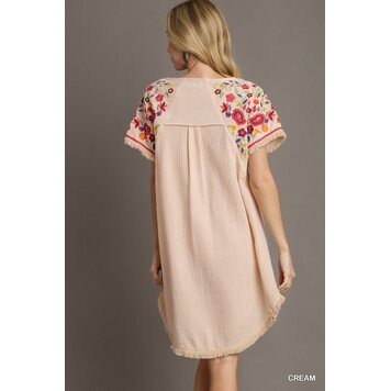 Umgee Cotton Gauze High Low Frayed Hem Round Neck Dress with Embroidery Sleeves Cream S