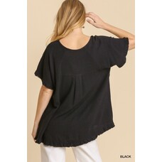 Umgee Linen Blend Cut Out Round Neckline Top With Frayed Fringe Hem