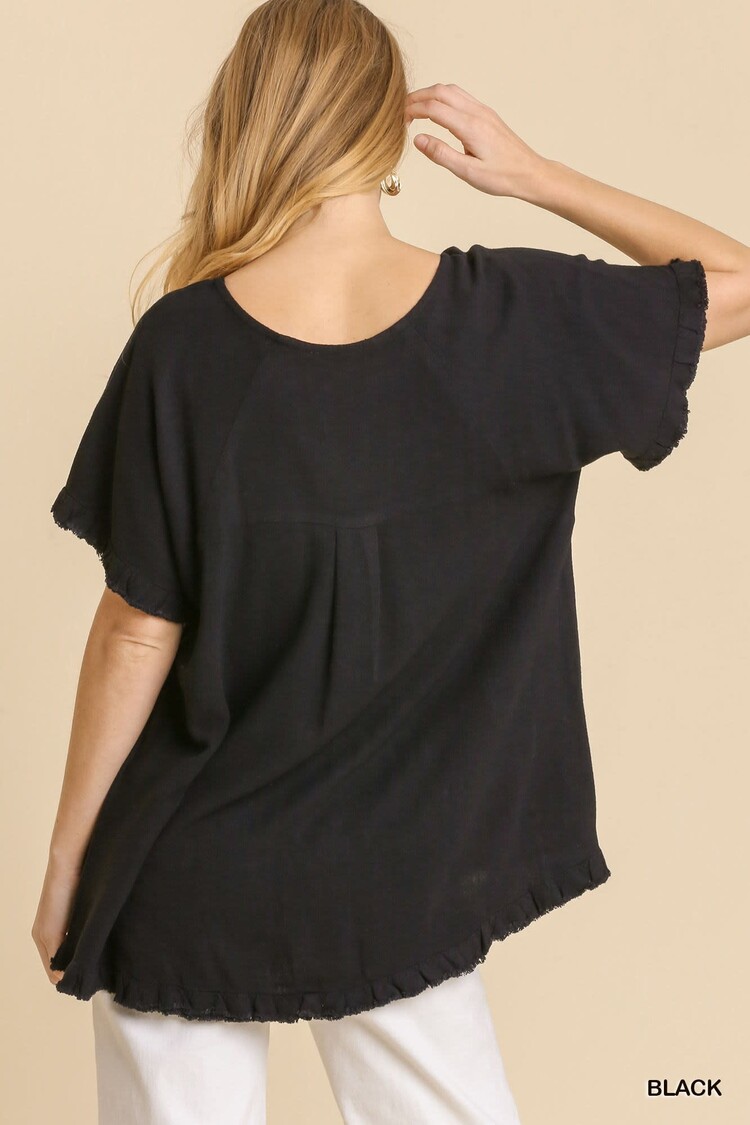 Umgee Linen Blend Cut Out Round Neckline Top With Frayed Fringe Hem