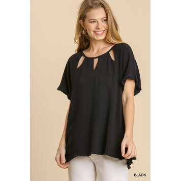 Umgee Linen Blend Cut Out Round Neckline Top With Frayed Fringe Hem