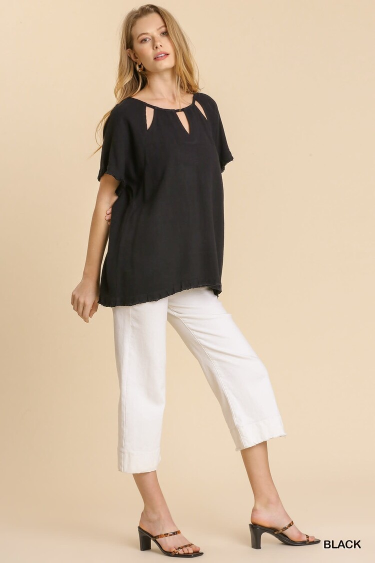 Umgee Linen Blend Cut Out Round Neckline Top With Frayed Fringe Hem