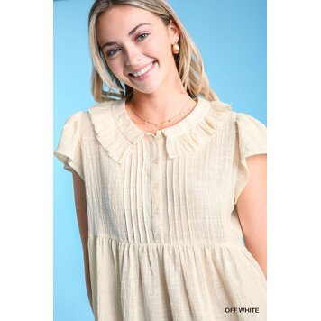 Umgee Ruffle Neck Collar Pleated Short Sleeve Tunic