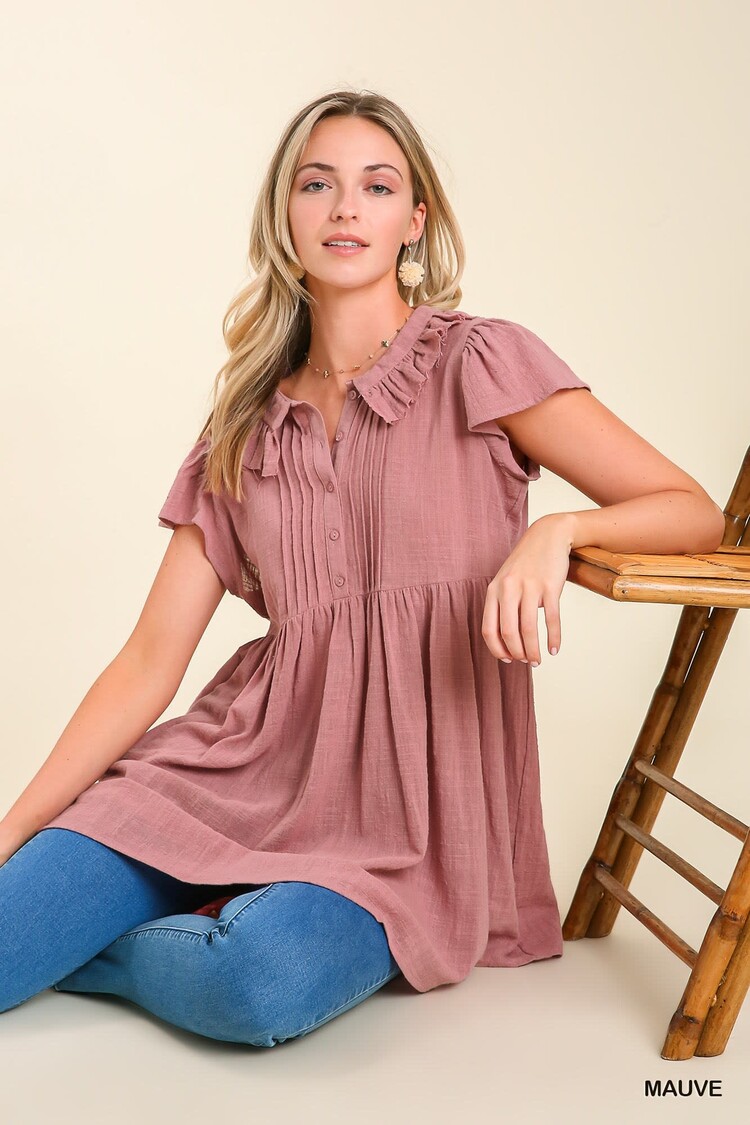 Umgee Ruffle Neck Collar Pleated Short Sleeve Tunic