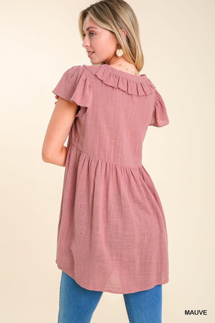 Umgee Ruffle Neck Collar Pleated Short Sleeve Tunic