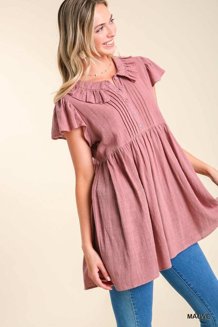 Umgee Ruffle Neck Collar Pleated Short Sleeve Tunic