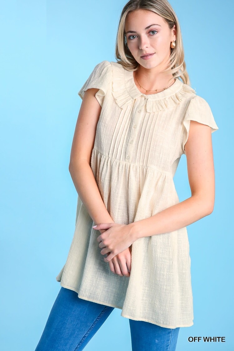 Umgee Ruffle Neck Collar Pleated Short Sleeve Tunic
