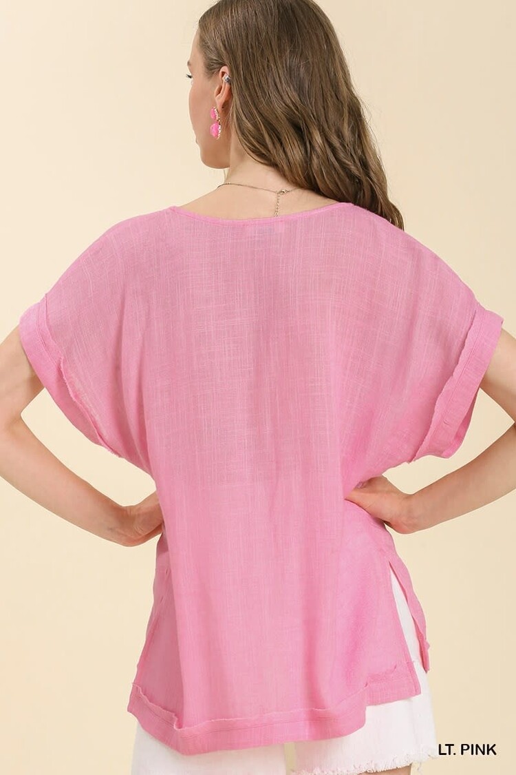 Umgee Linen Blend V-Neck Top with Folded Sleeve Detail & No Lining