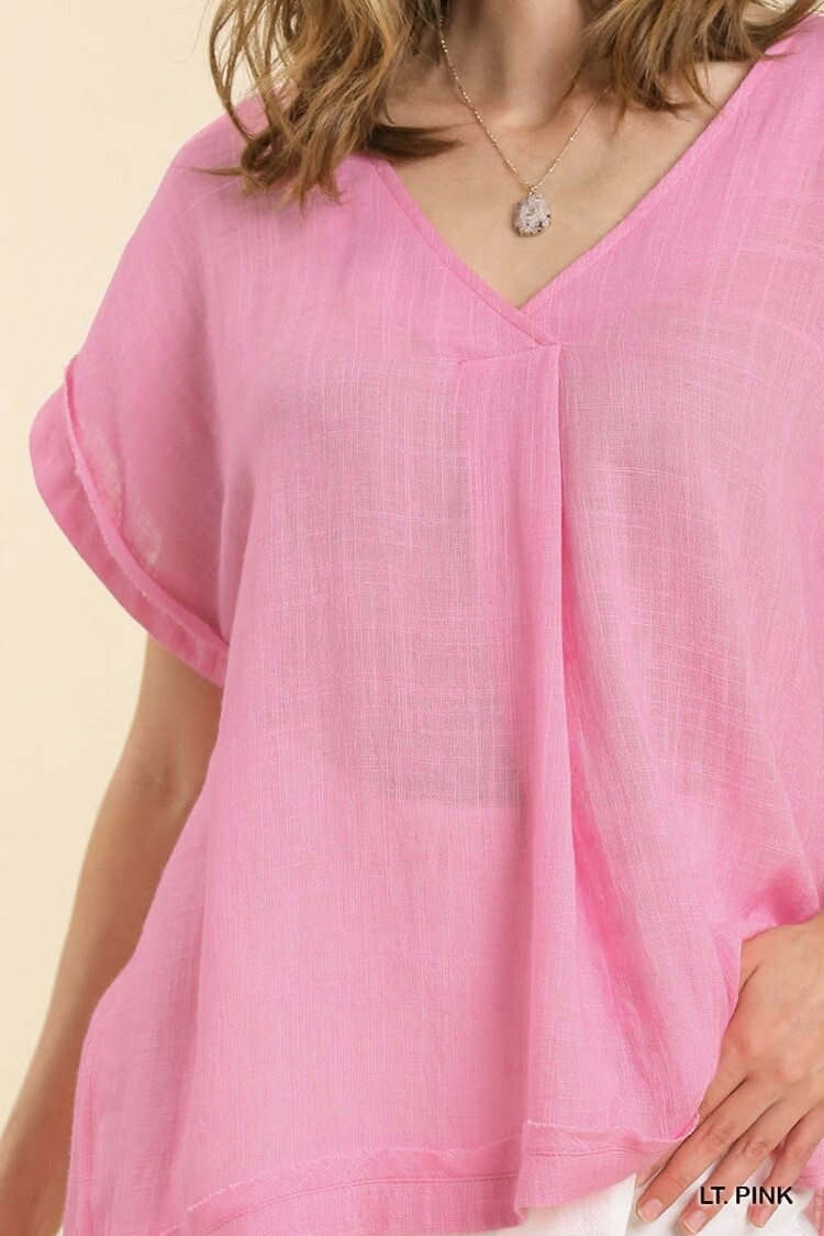 Umgee Linen Blend V-Neck Top with Folded Sleeve Detail & No Lining