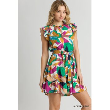 Umgee Abstract Print Round Neck Tiered Dress with Ruffle Sleeves