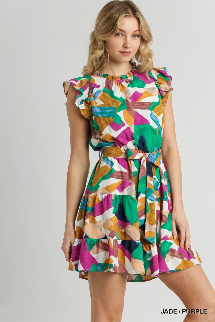 Umgee Abstract Print Round Neck Tiered Dress with Ruffle Sleeves