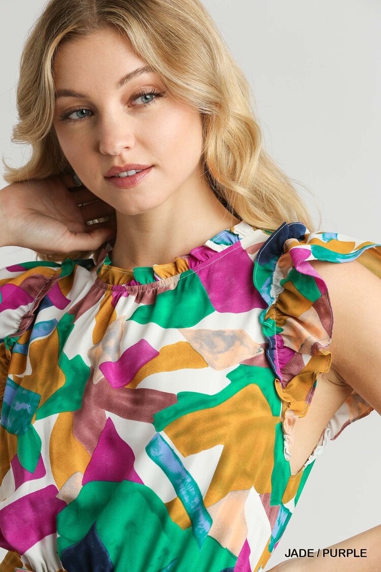 Umgee Abstract Print Round Neck Tiered Dress with Ruffle Sleeves