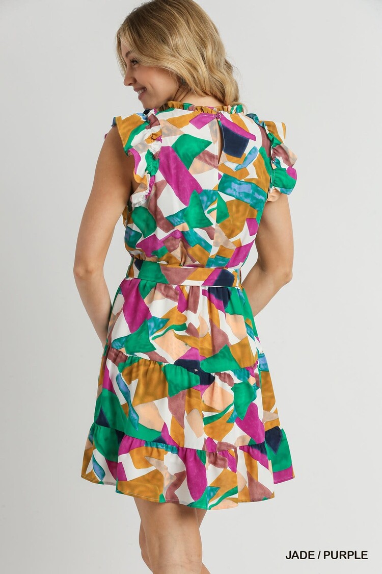 Umgee Abstract Print Round Neck Tiered Dress with Ruffle Sleeves
