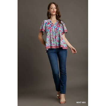 Umgee Mixed Print Smocked Shoulder Top with Drawstring Detail