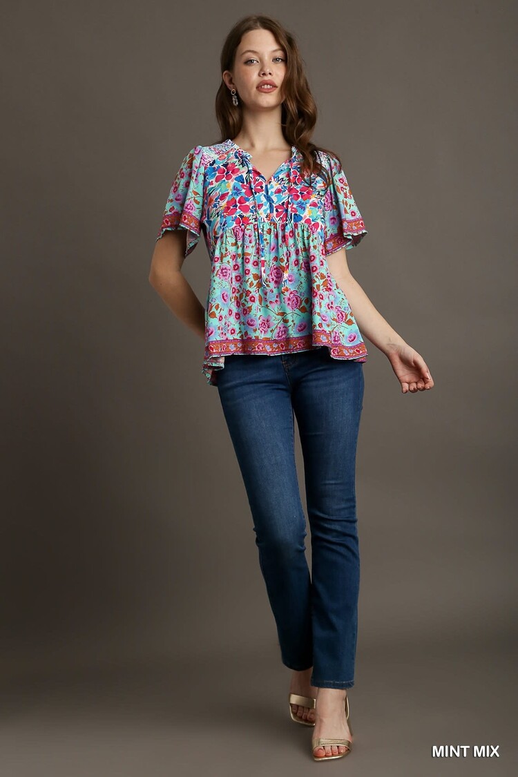 Umgee Mixed Print Smocked Shoulder Top with Drawstring Detail