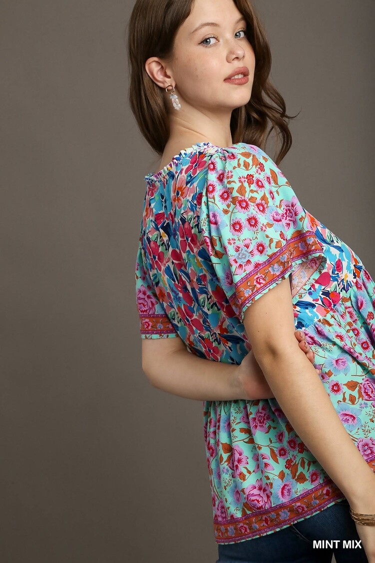Umgee Mixed Print Smocked Shoulder Top with Drawstring Detail