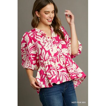 Umgee Floral Print Split Neck Front Tie Top
