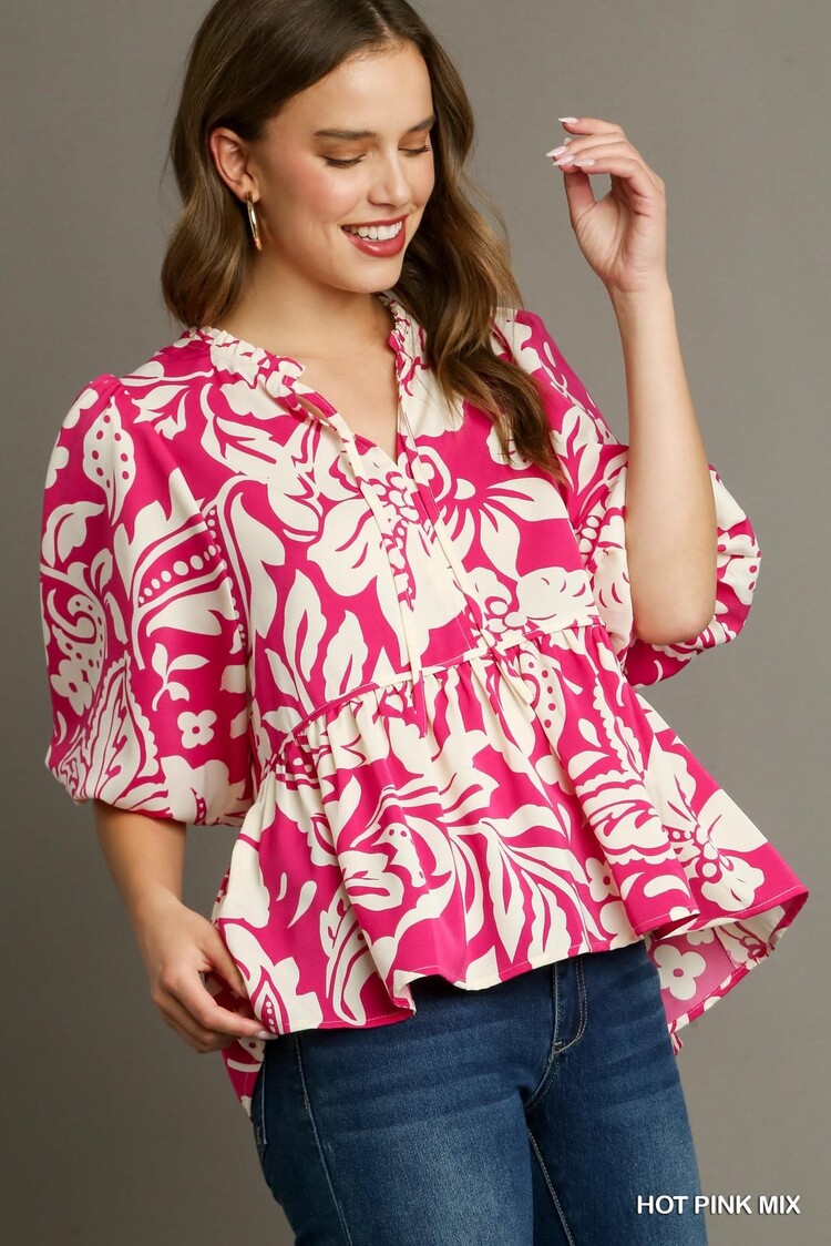 Umgee Floral Print Split Neck Front Tie Top