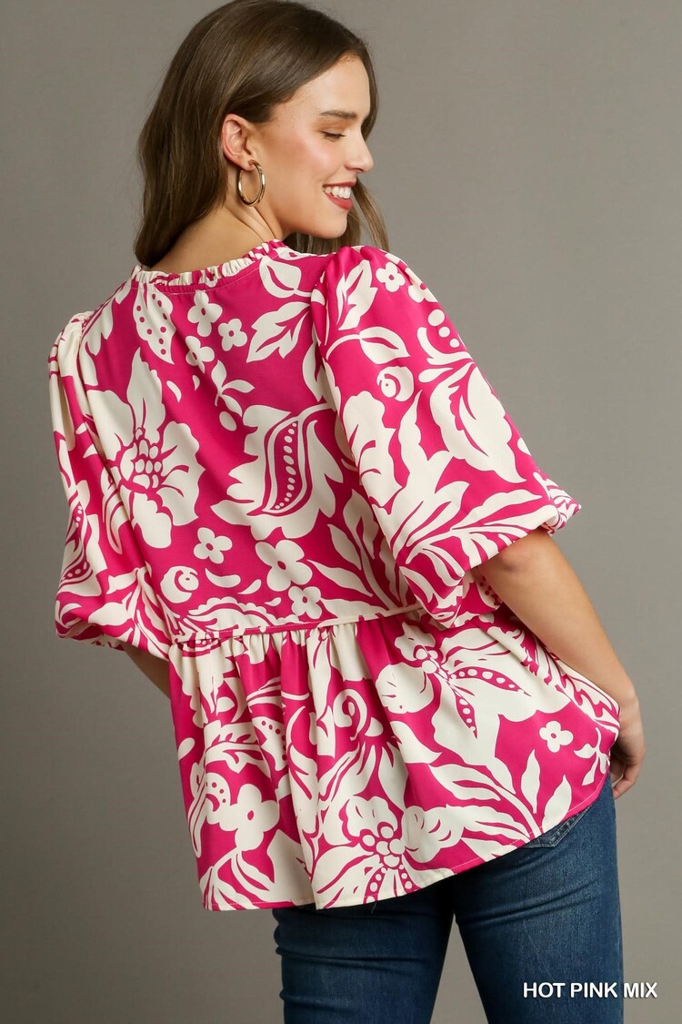 Umgee Floral Print Split Neck Front Tie Top