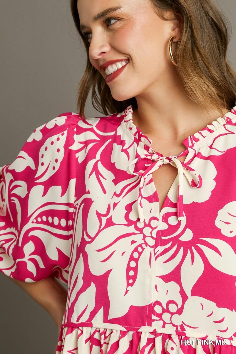 Umgee Floral Print Split Neck Front Tie Top