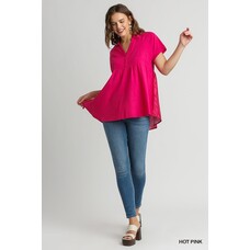 Umgee Linen High Low Hem Collared Mid Button Detail Top with Back Print