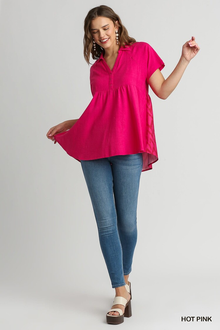 Umgee Linen High Low Hem Collared Mid Button Detail Top with Back Print