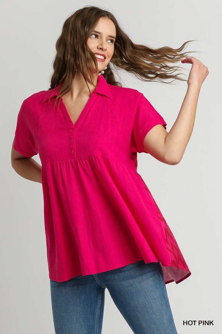 Umgee Linen High Low Hem Collared Mid Button Detail Top with Back Print