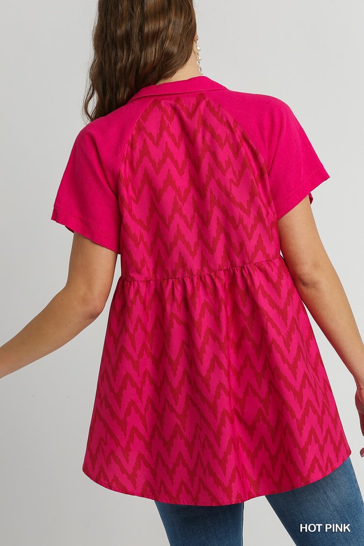 Umgee Linen High Low Hem Collared Mid Button Detail Top with Back Print