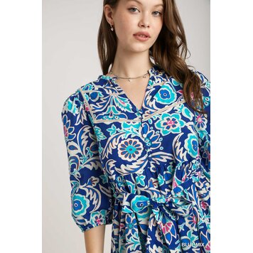 Umgee Mixed Print A-Line Mini Dress with Trim Details, Adjustable Belt, & 3/4 Sleeves