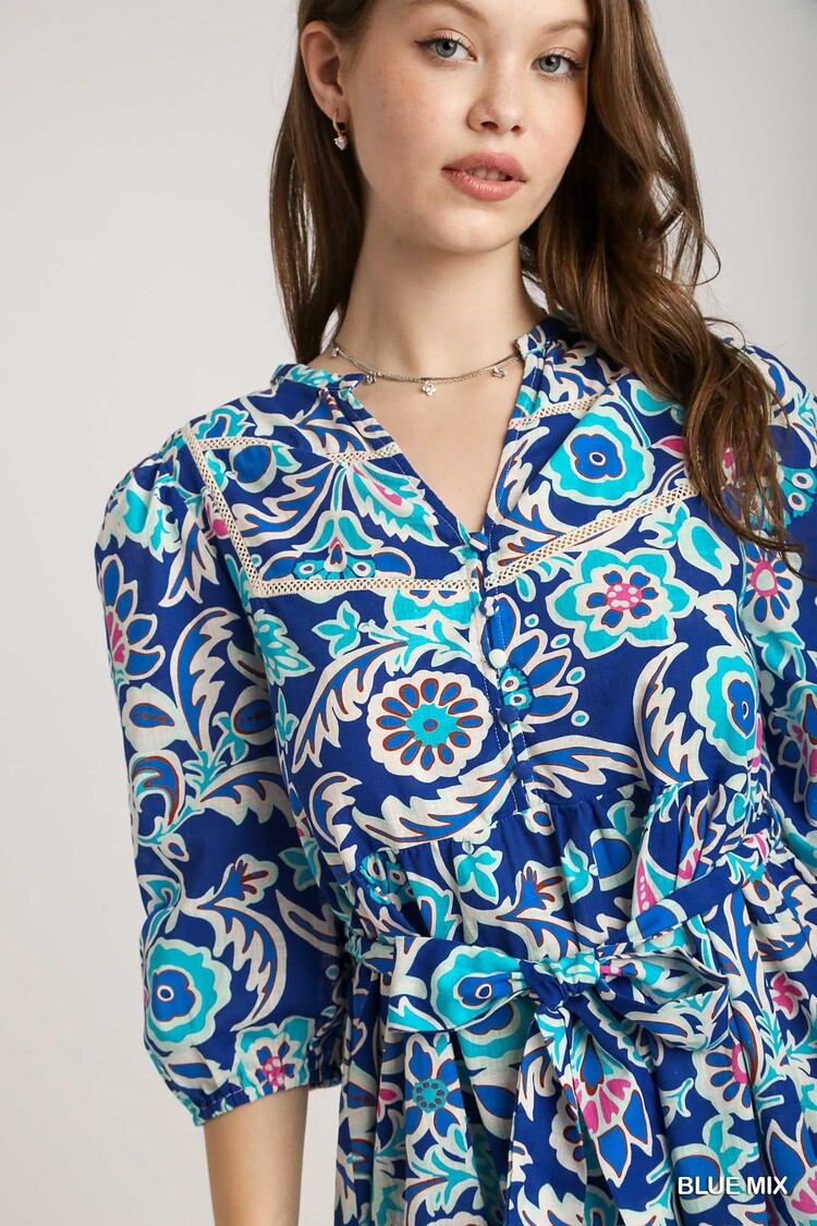 Umgee Mixed Print A-Line Mini Dress with Trim Details, Adjustable Belt, & 3/4 Sleeves