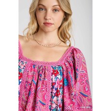 Umgee Square Neck Mixed Print Boxy Cut Top with 3/4 Balloon Sleeves & Lace Trim Detail