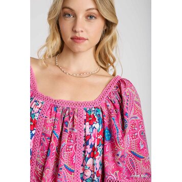 Umgee Square Neck Mixed Print Boxy Cut Top with 3/4 Balloon Sleeves & Lace Trim Detail