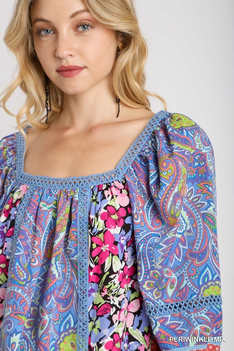 Umgee Square Neck Mixed Print Boxy Cut Top with 3/4 Balloon Sleeves & Lace Trim Detail