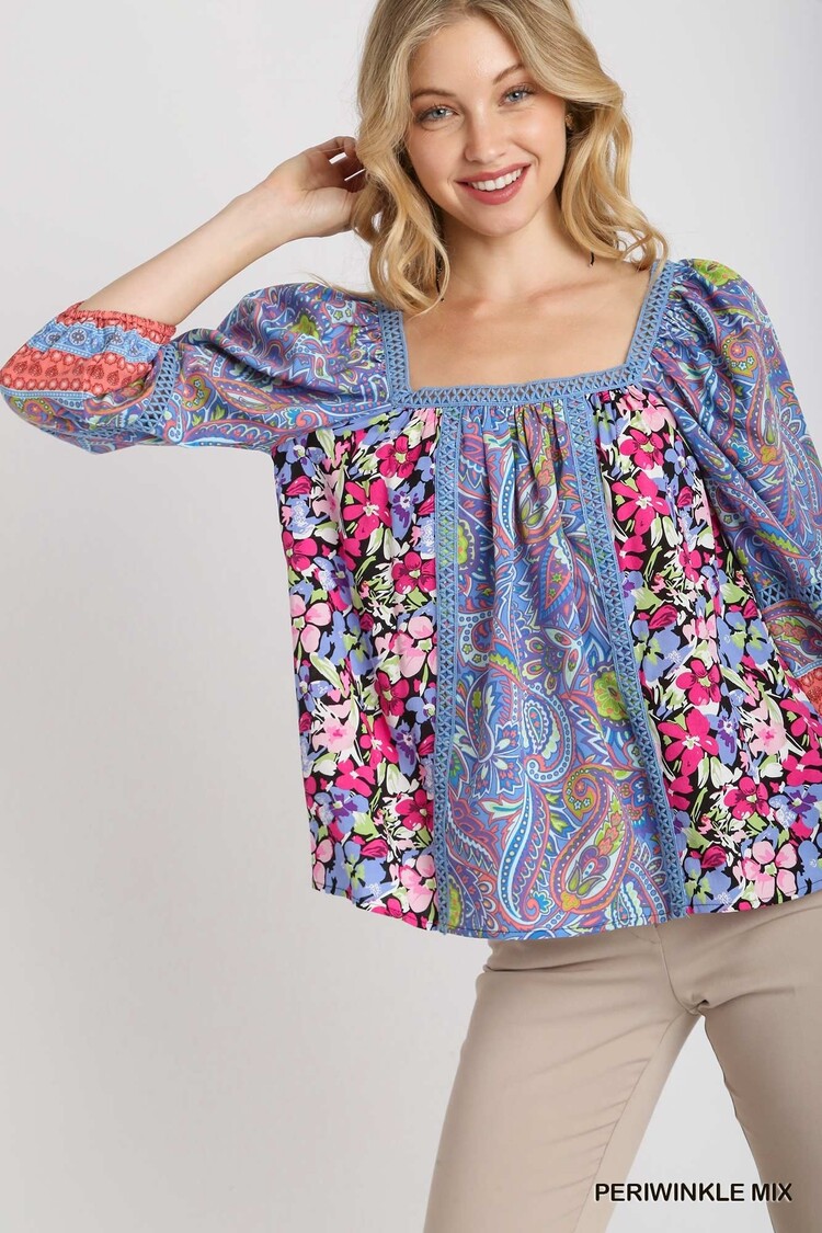 Umgee Square Neck Mixed Print Boxy Cut Top with 3/4 Balloon Sleeves & Lace Trim Detail